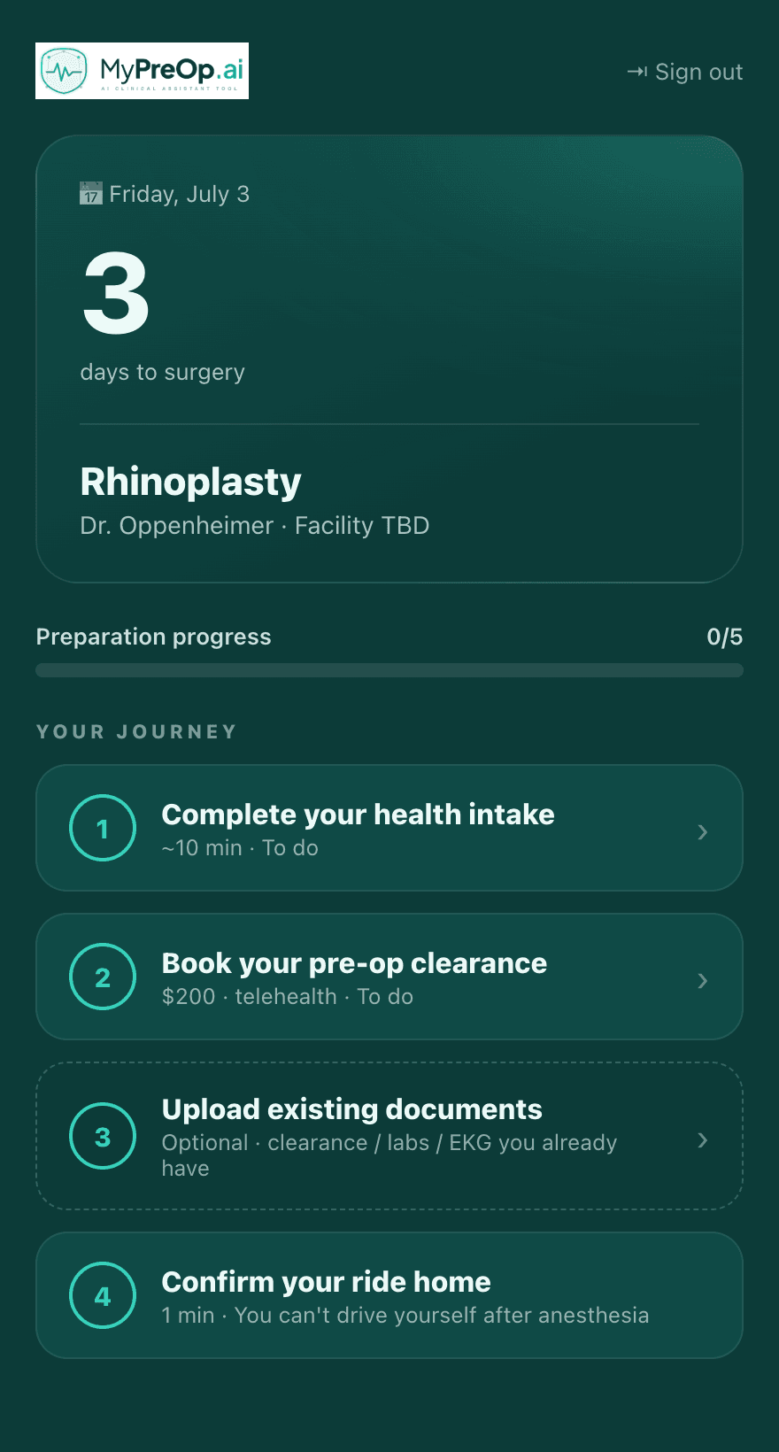 VeriOp patient portal home screen showing days to surgery and your journey checklist