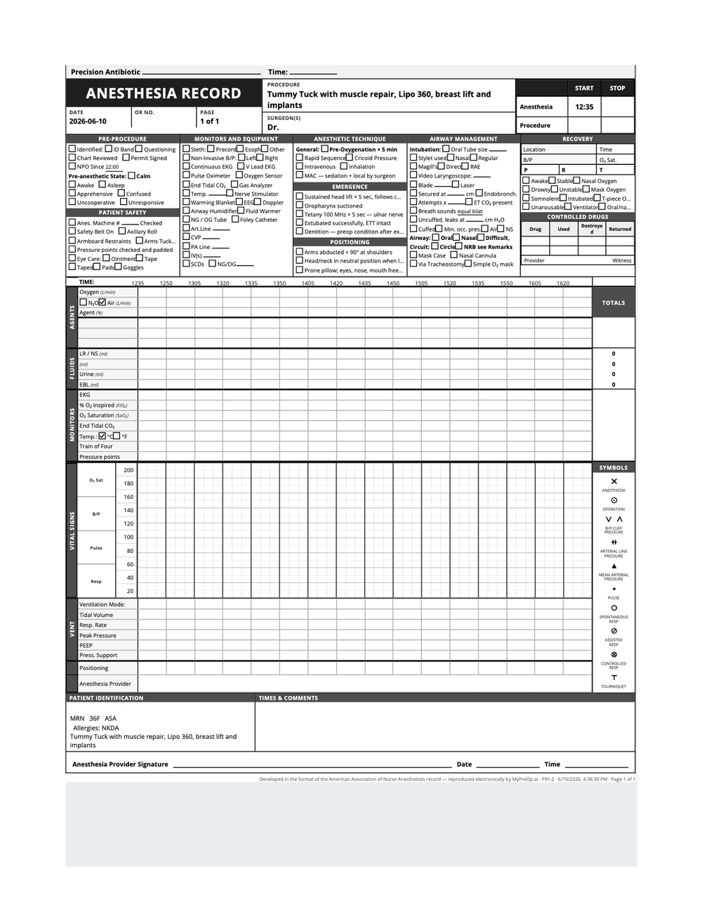 Intra-op AANA anesthesia record assembling from a charted case
