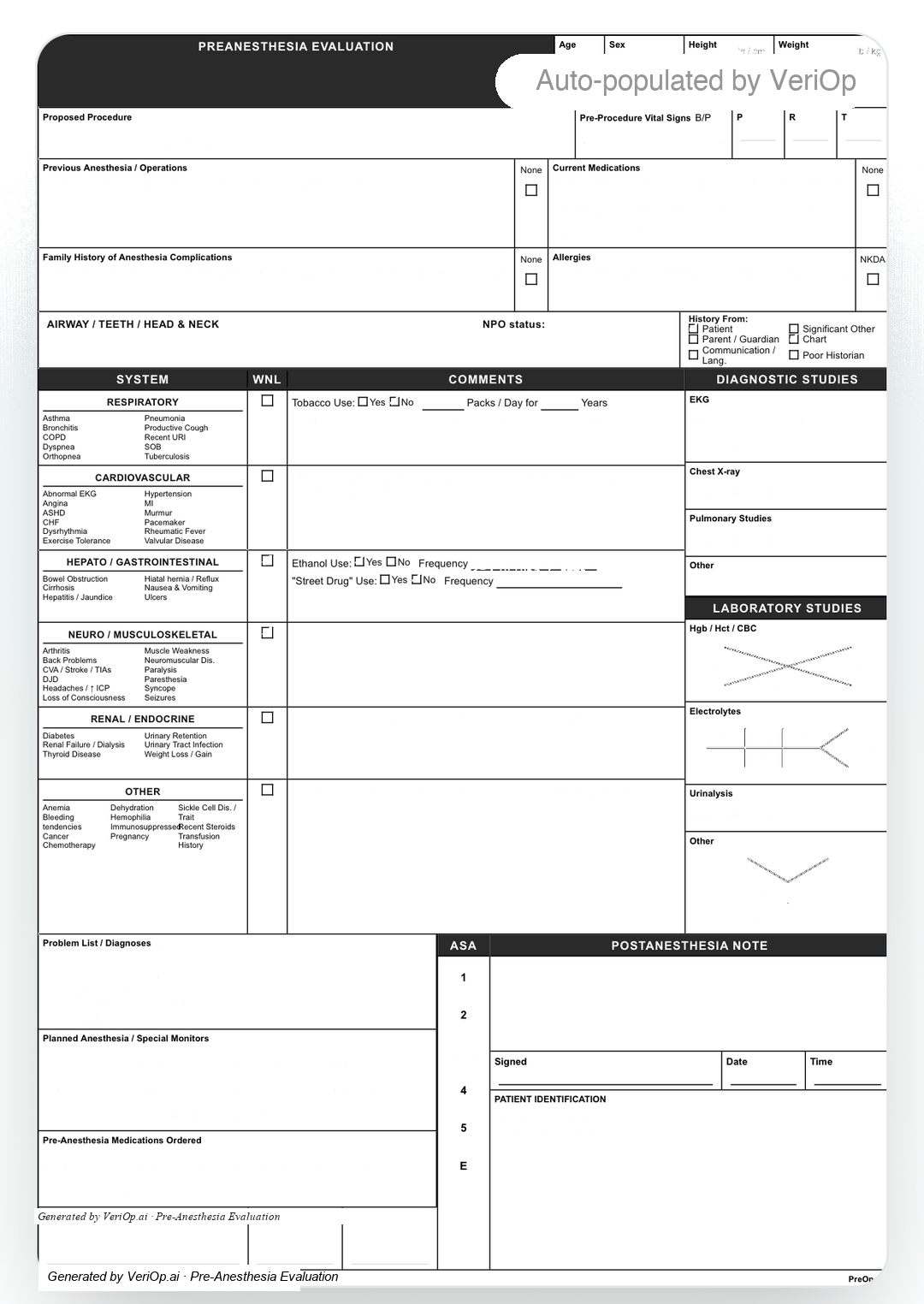 VeriOp auto-generating a complete pre-anesthesia evaluation from an uploaded chart in about 60 seconds